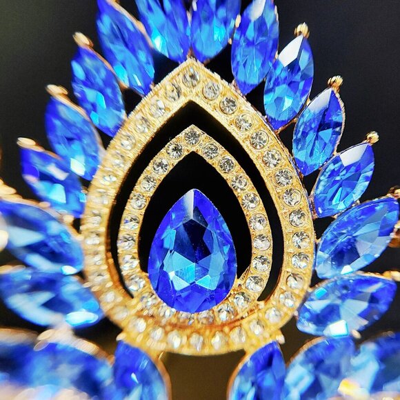 Quinceanera Crown, Blue Rhinestone Crown, Large Size Crown, Gold Crystal Crown main image 9